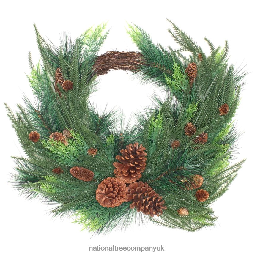 Greenery | National Tree Company Artificial Mixed Bristle Branch Pine Christmas Wreath Decorated with Woven Branch Base Light Green Cypress Tips and Pinecones 26 in F2L4F286